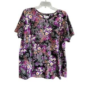 Denim & Co Womens 1X Floral Print Flutter Sleeve Knit Top Purple Gray Casual